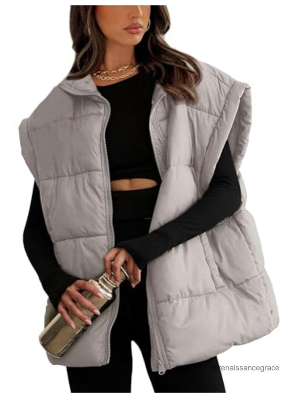 Oversized Quilted Puffer Vest Stand Collar Lightweight Zip Winter Outerwear